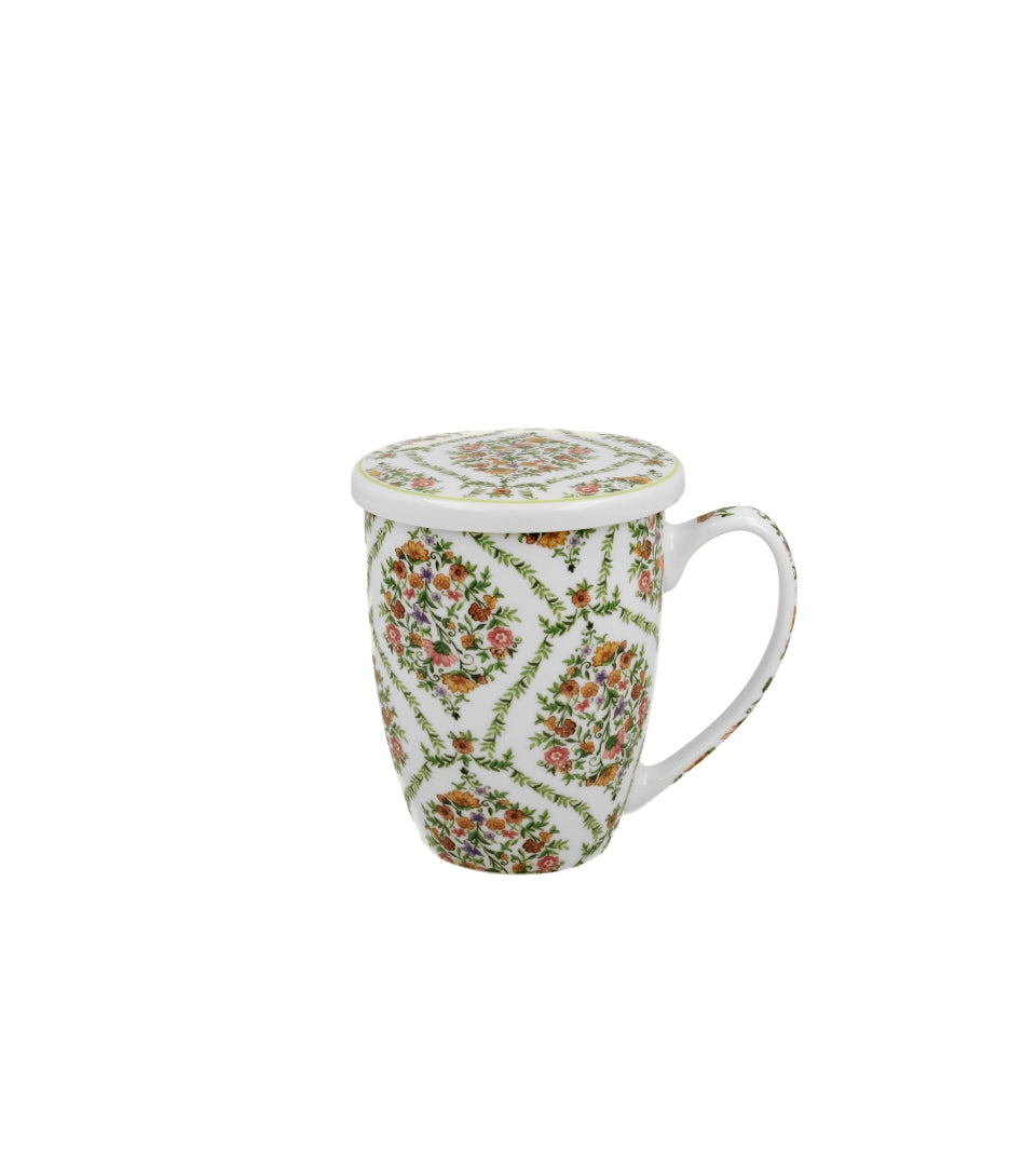 Porcelán teás bögre tetővel fém szűrővel 360 ml dobozban virágos