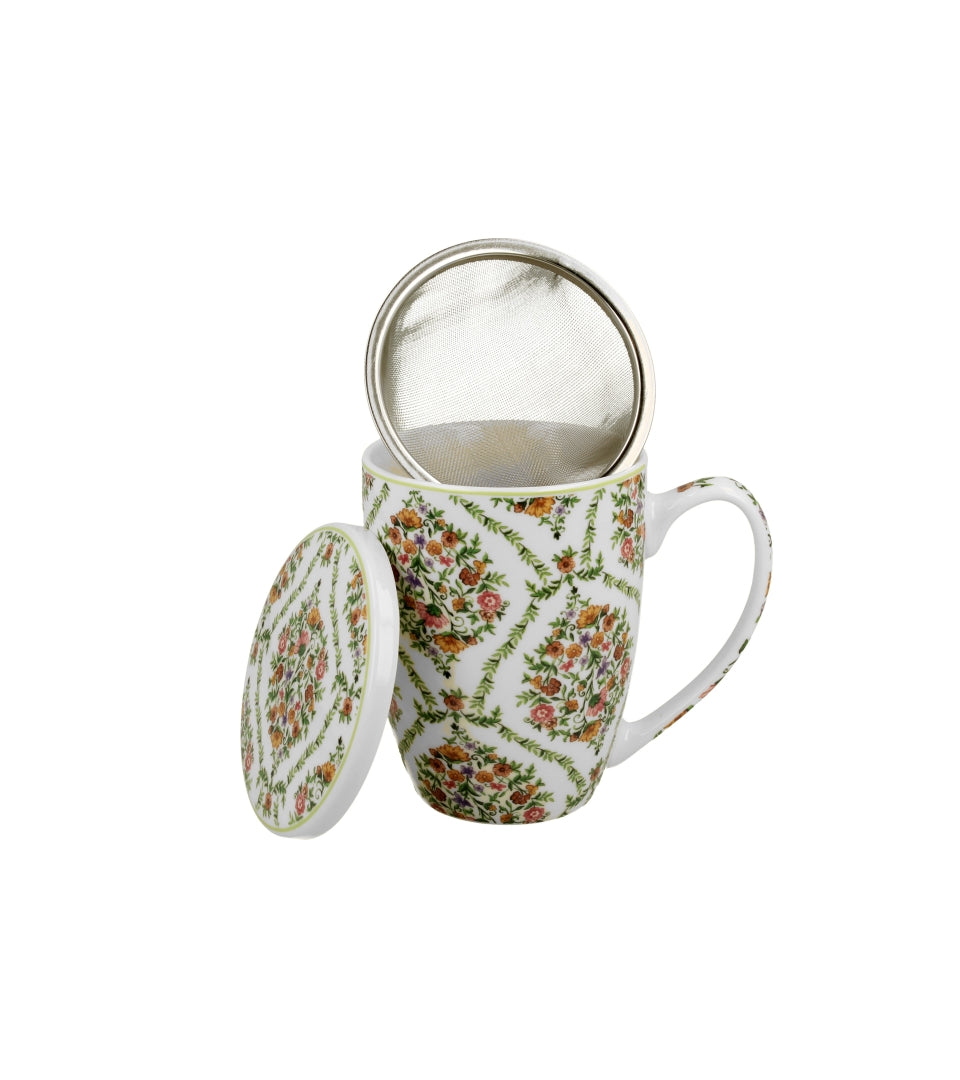 Porcelán teás bögre tetővel fém szűrővel 360 ml dobozban virágos
