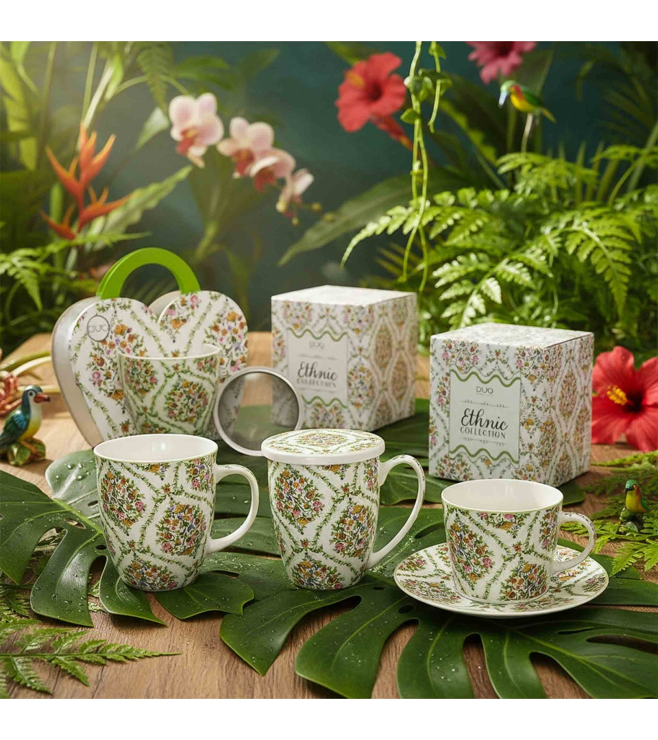 Porcelán teás bögre tetővel fém szűrővel 360 ml dobozban virágos