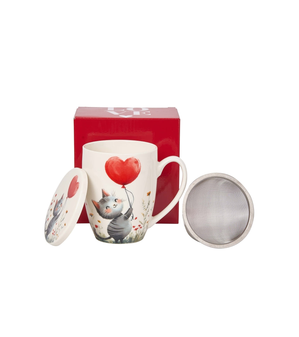 Valentin napi porcelán cicás fém szűrő bögre díszdobozban 360 ml