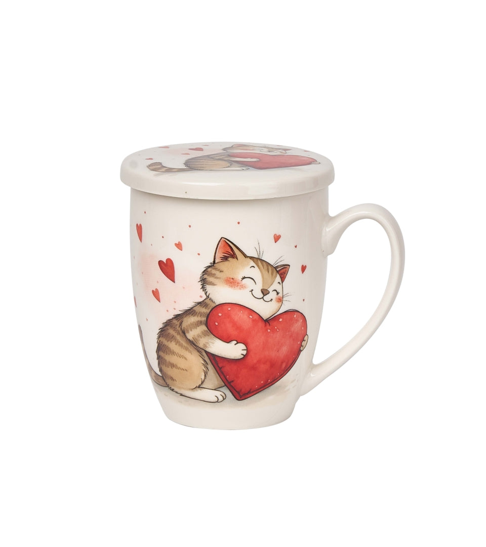 Valentin napi cicás porcelán bögre díszdobozban tetővel fém szűrővel 360 ml