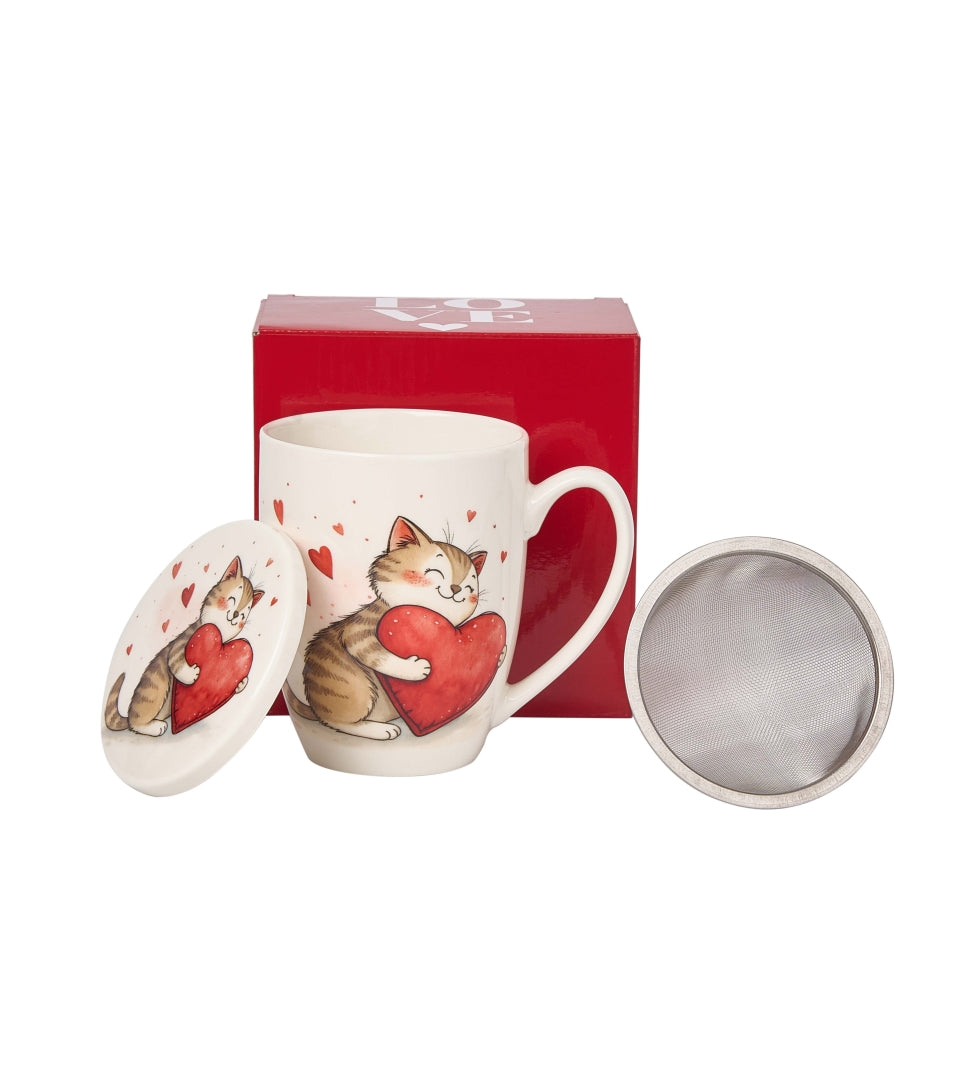 Valentin napi cicás porcelán bögre díszdobozban tetővel fém szűrővel 360 ml