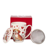 Valentin napi kutyás porcelán bögre tetővel fém szűrővel 360 ml dobozban Dog