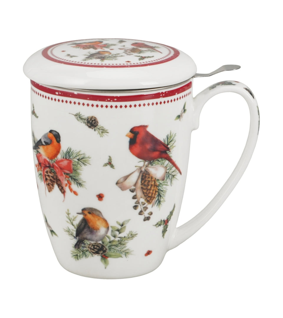 Karácsonyiporcelán teás bögre tetővel fém szűrővel 360 ml dobozban Birds of Winter