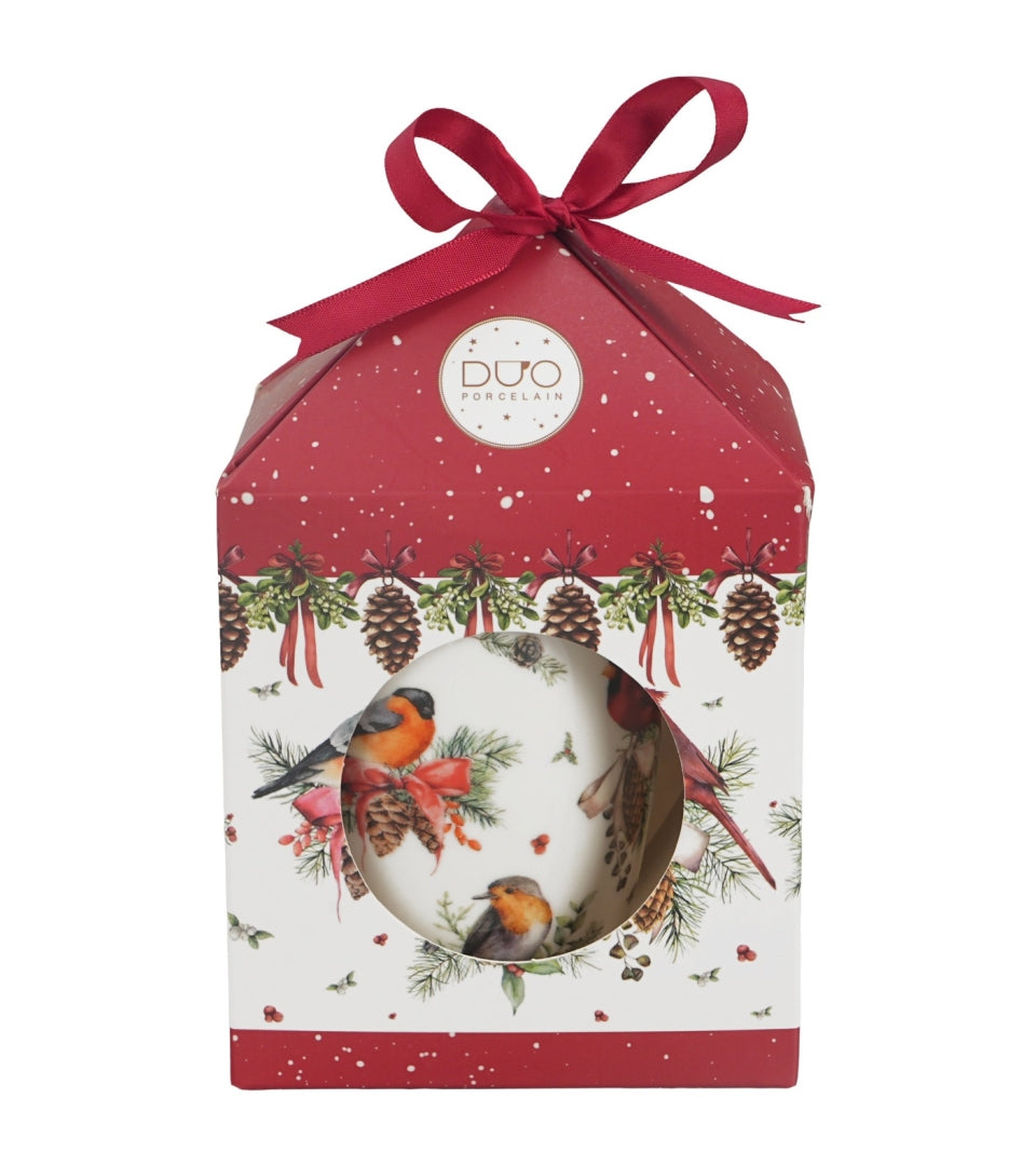 Karácsonyiporcelán teás bögre tetővel fém szűrővel 360 ml dobozban Birds of Winter