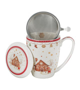 Karácsonyi Porcelán teás bögre szűrővel 360 ml házikó díszcsomagolásban Gingerbread House