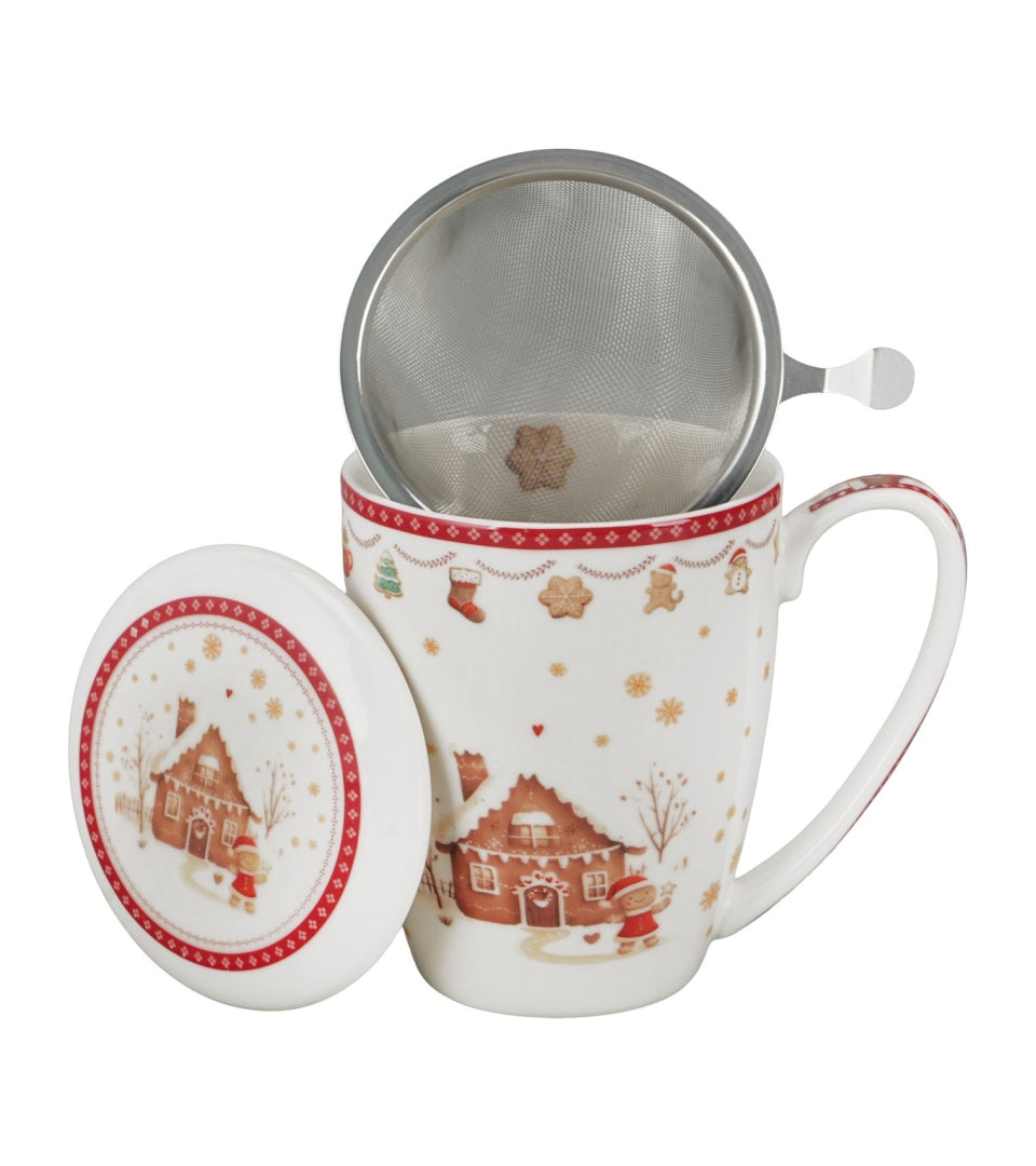 Karácsonyi Porcelán teás bögre szűrővel 360 ml házikó díszcsomagolásban Gingerbread House