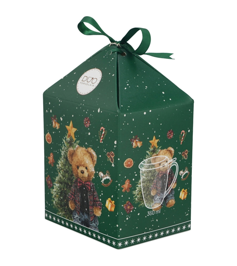 Karácsonyi macis porcelán teás bögre tetővel fém szűrővel 360 ml dobozban Teddy Noel