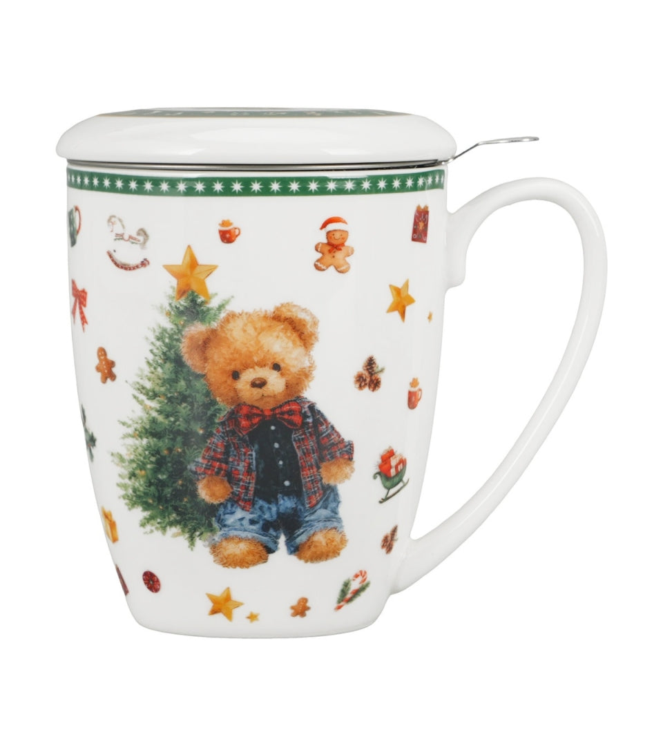 Karácsonyi macis porcelán teás bögre tetővel fém szűrővel 360 ml dobozban Teddy Noel