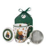 Karácsonyi macis porcelán teás bögre tetővel fém szűrővel 360 ml dobozban Teddy Noel