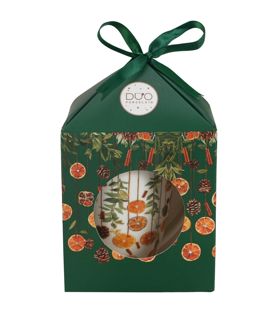 Karácsonyi Porcelán teás bögre szűrővel 360 ml díszdozban Winter Fruits