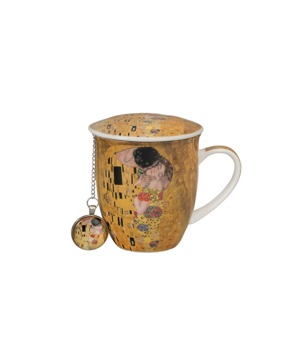 Porcelán teás bögre tetővel fém szűrővel 400 ml dobozban Klimt A Csók