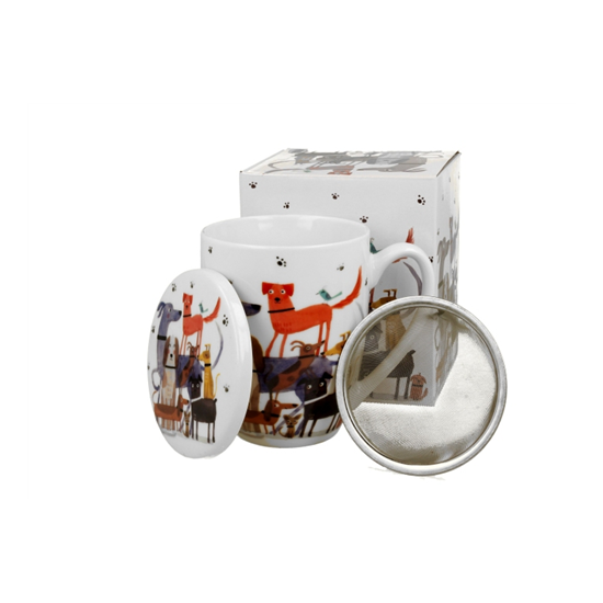 Bögre, csésze Kutyás porcelán bögre fém szűrővel díszdobozban Dog walk