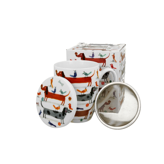 Bögre, csésze Kutyás porcelán bögre fém szűrővel díszdobozban Long Dogs