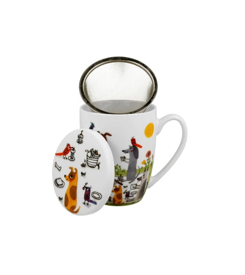 Bögre Kutyás porcelán teás bögre szűrővel díszdobozban Kutyák pikniken