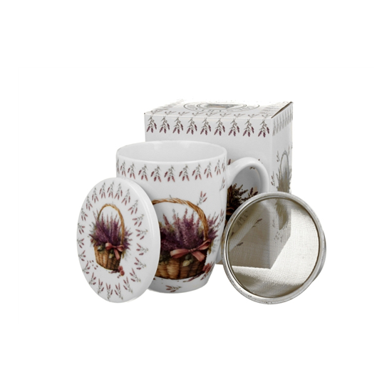 Bögre Levendula virágos porcelán teás bögre szűrővel díszdobozban Lavender