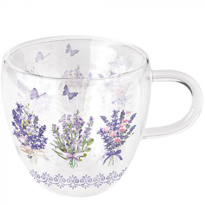 Levendulás duplafalú boroszilikát üveg csésze Lovely lavender white