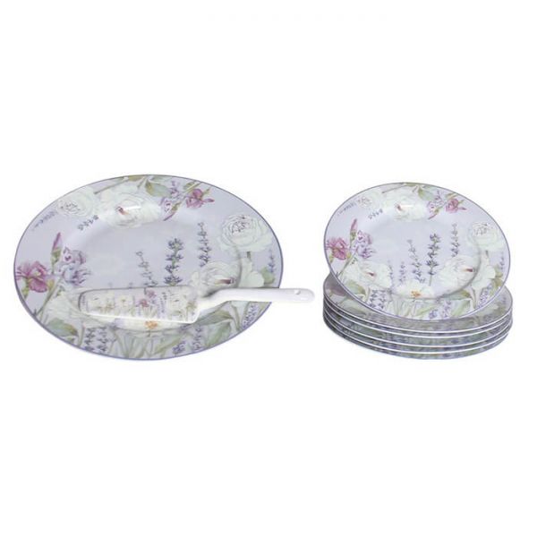 Tortatál Levendulás porcelán süteményes készlet tortatállal és lapáttal - 6 személyes