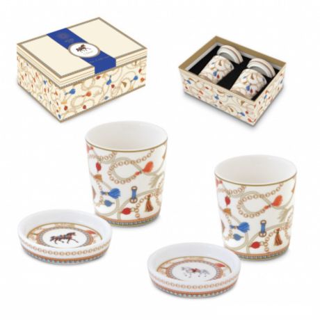 Porcelán eszpresszó pohár alátéttel 90 ml díszdobozban két személyes szett lovas mintával Cheval