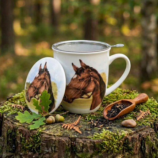 Lovas fémszűrős porcelán teásbögre 430 ml - díszdobozos