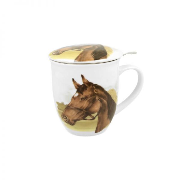 Lovas fémszűrős porcelán teásbögre 430 ml - díszdobozos