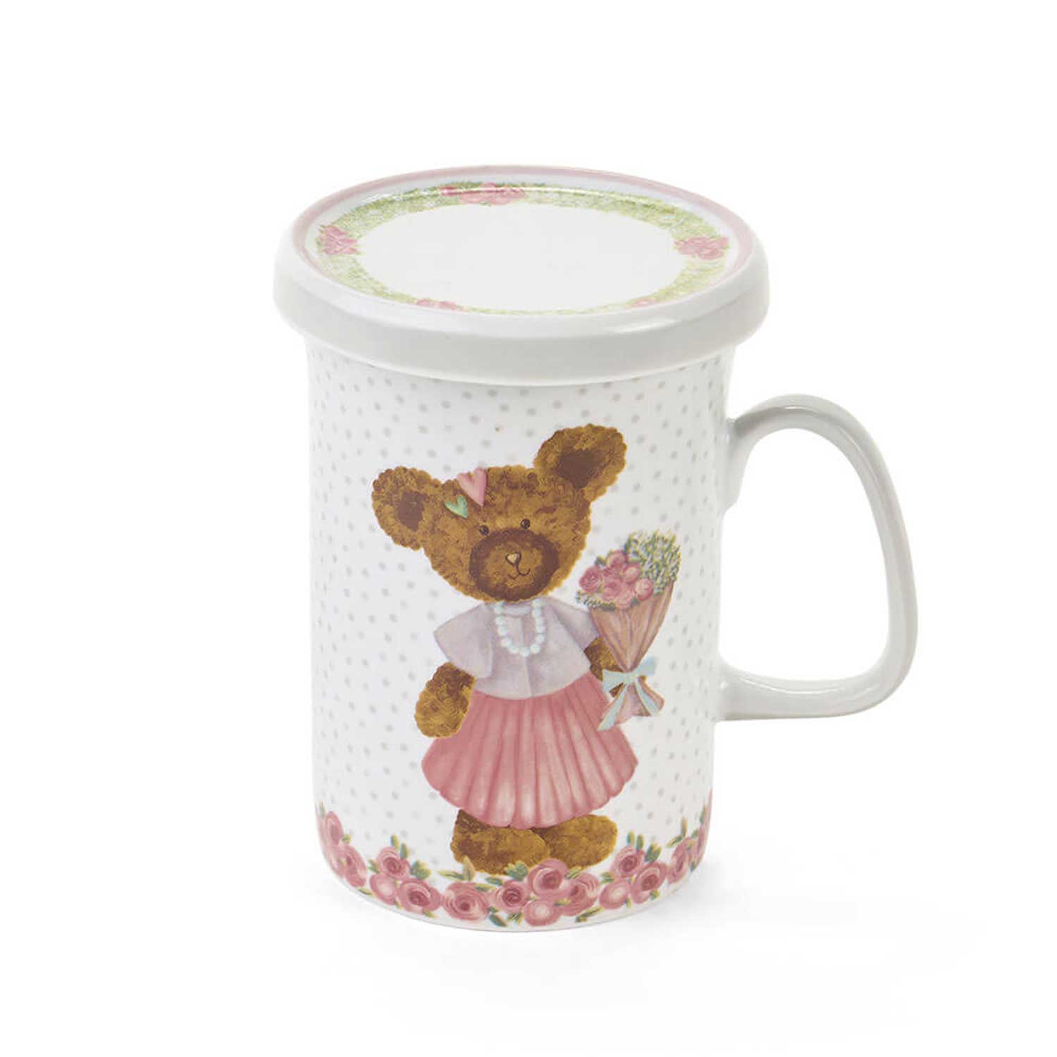 Porcelán bögre tetővel 380 ml maci virágcsokorral Sweet Bear díszdobozban
