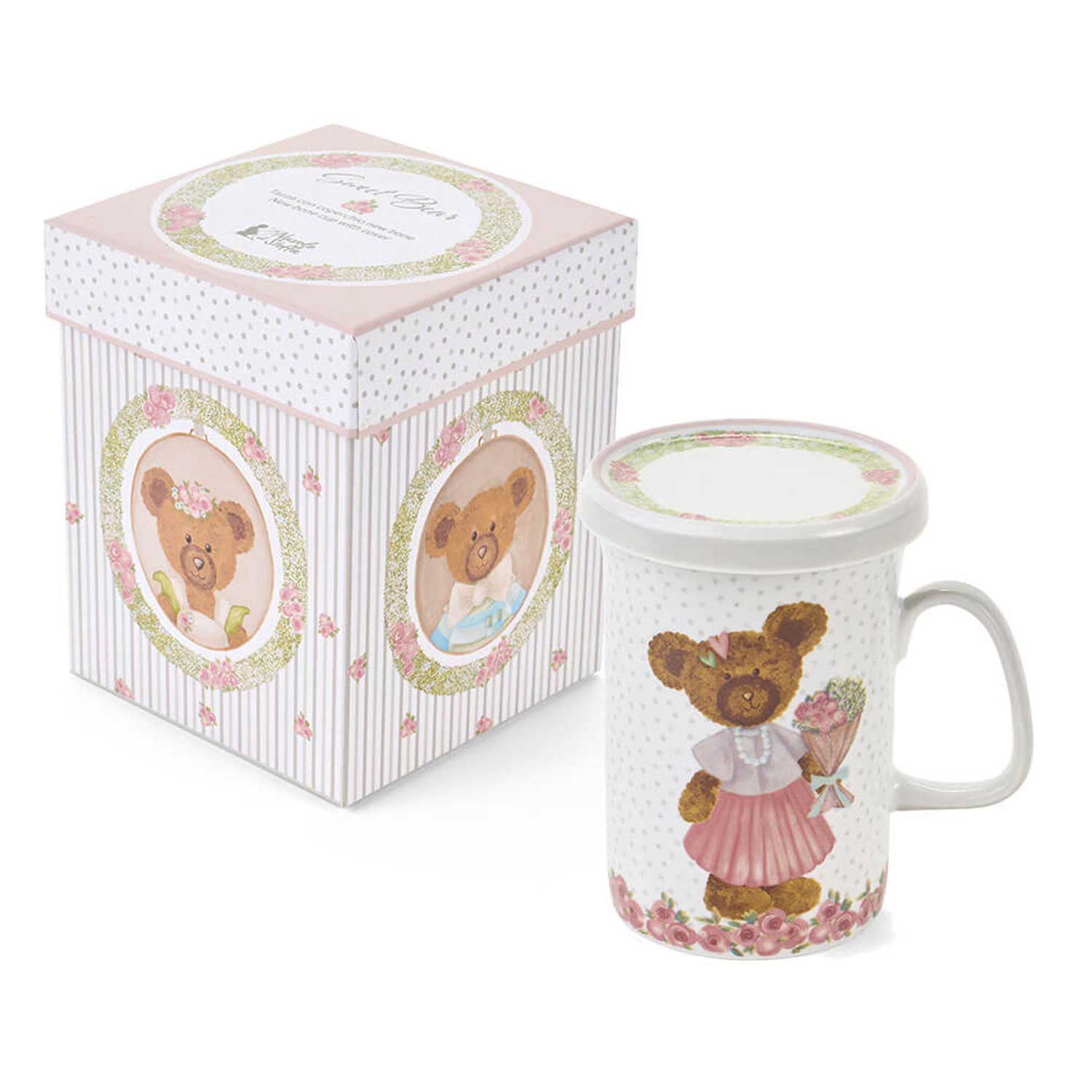 Porcelán bögre tetővel 380 ml maci virágcsokorral Sweet Bear díszdobozban