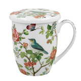 Madaras virágos porcelán teás bögre fémszűrővel és tetővel - 350 ml