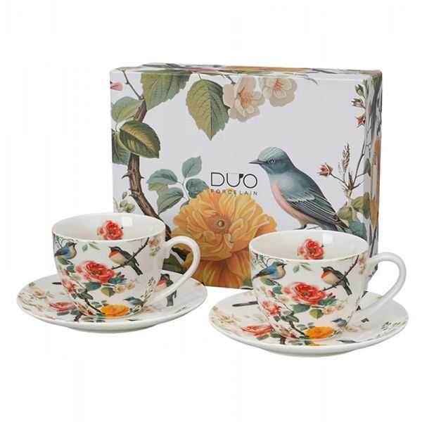 Madaras virágos porcelán csésze aljjal 270 ml 2 személyes készlet díszdobozban