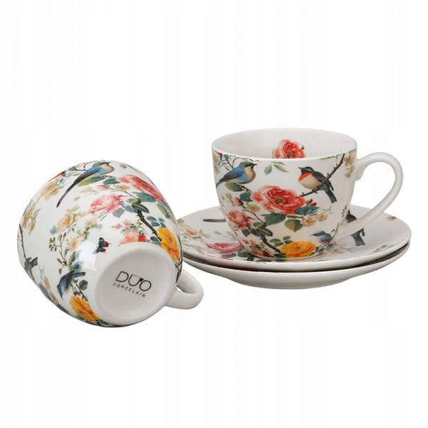 Madaras virágos porcelán csésze aljjal 270 ml 2 személyes készlet díszdobozban