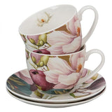 Magnólia virágos porcelán csésze aljjal - 270 ml - 2 személyes készlet díszdobozban
