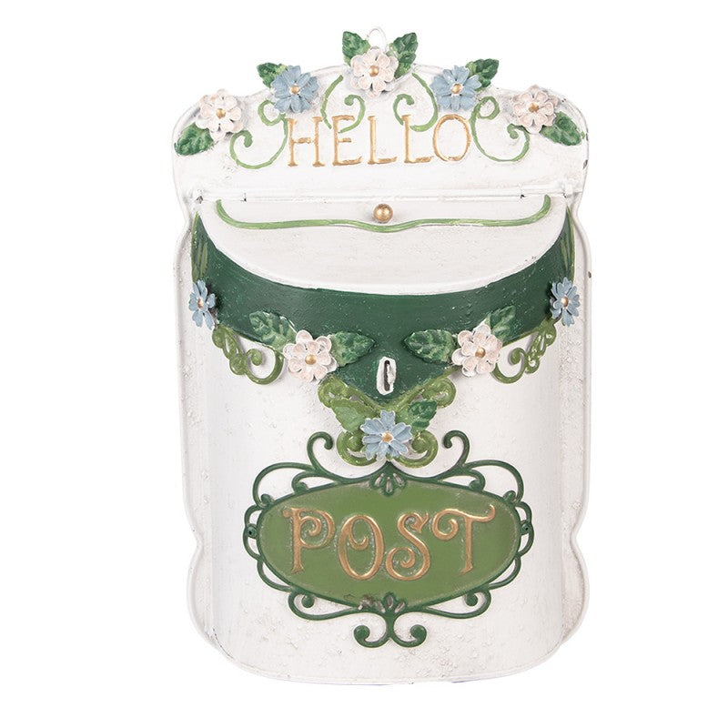 Vintage fém postaláda virágos fehér Hello