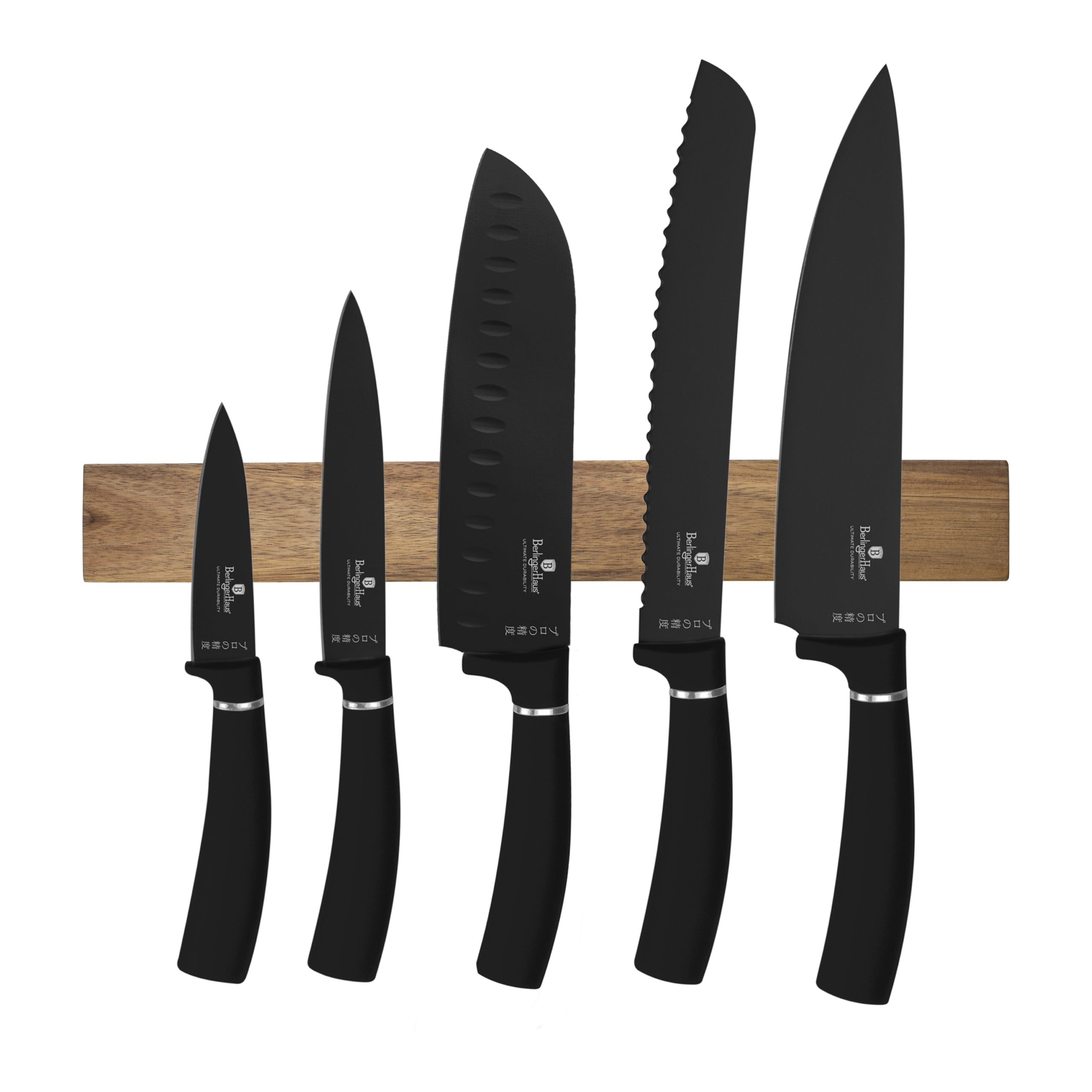 Matt fekete 6 részes rozsdamentes acél késkészlet akácfa mágneses akasztóval Berlinger Haus Matte Black