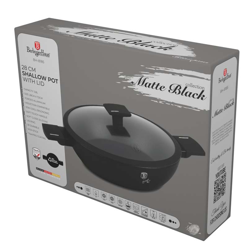 Matt fekete indukciós tapadásmentes alacsony lábas fedővel 3,8 L Berlinger Haus Matte Black
