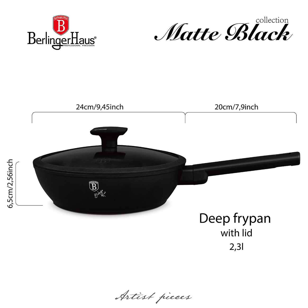 Matt fekete indukciós tapadásmentes mély serpenyő fedővel 24 cm Berlinger Haus Matte Black