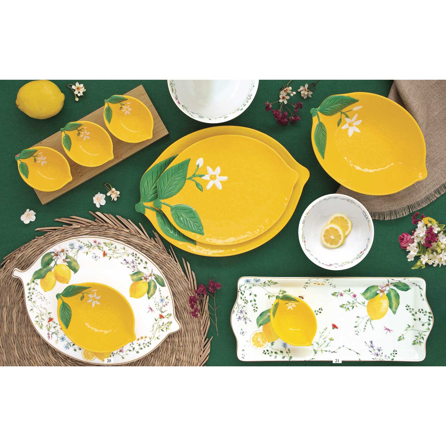 Tálka Mediterrán porcelán sárga citrom tálkaszett 3db-os bambusztálcán Fleurs et Citrons