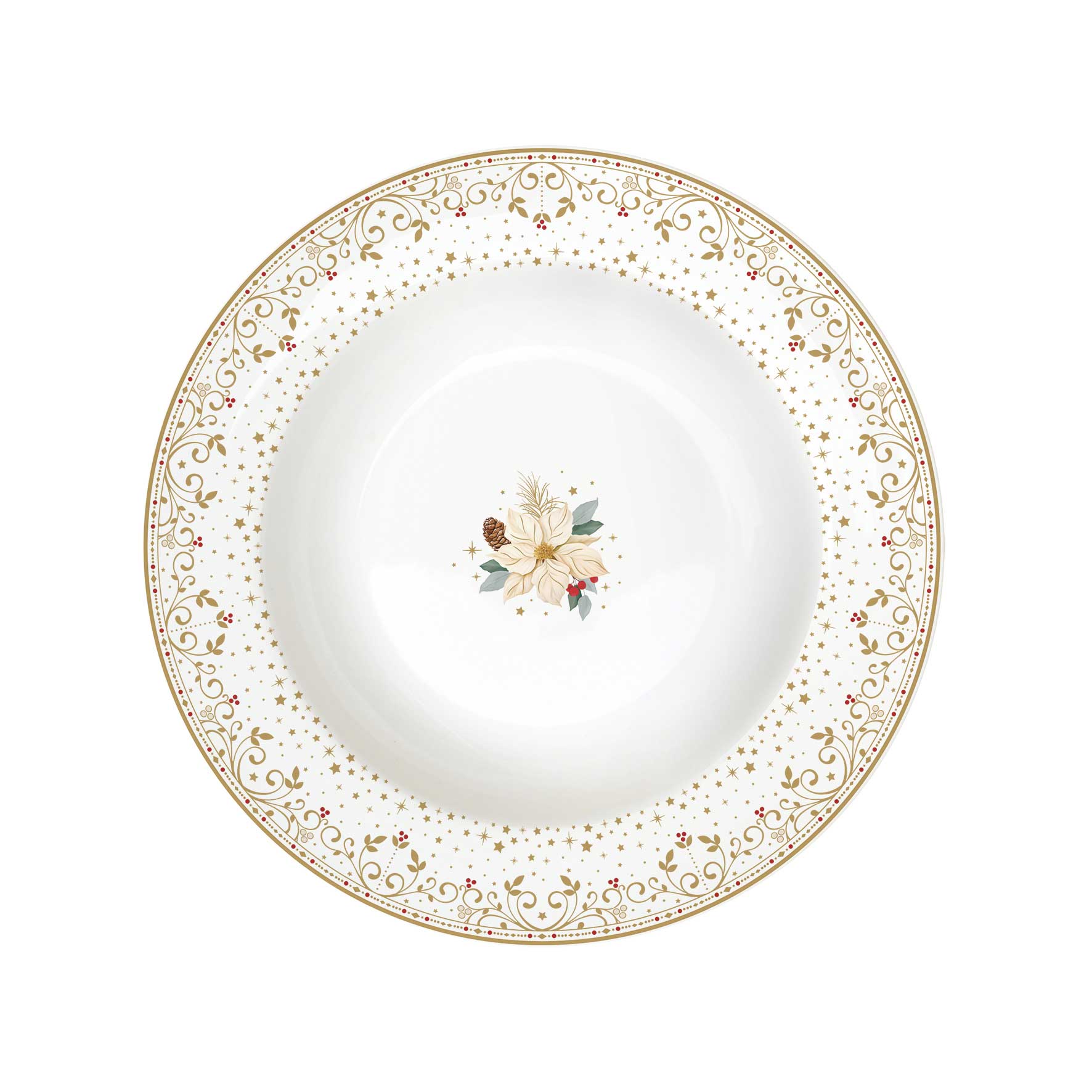 Karácsonyi porcelánmélytányér fehér arany mikulásvirág White Elegance
