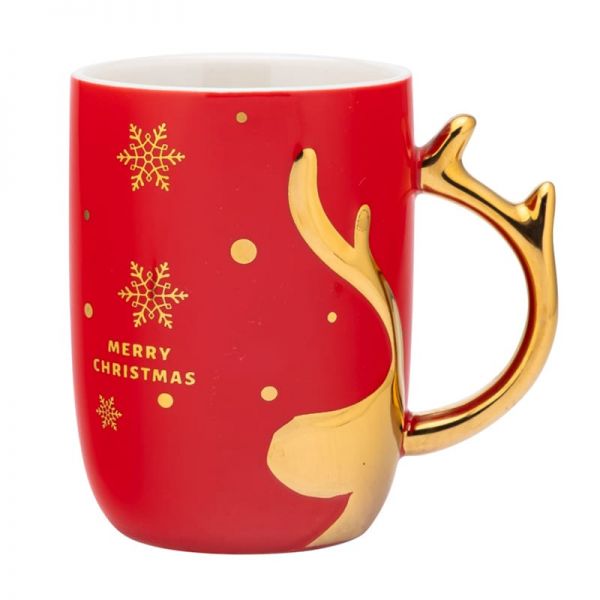 Szarvasos karácsonyi porcelán bögre arany színű füllel - 400 ml - piros