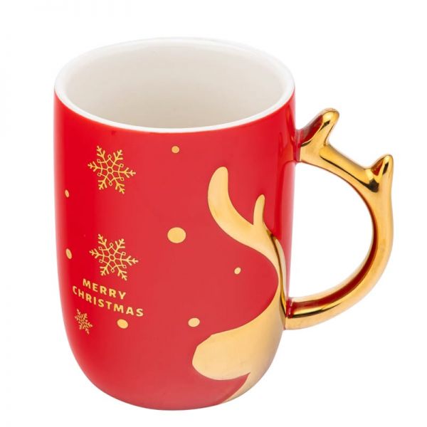 Szarvasos karácsonyi porcelán bögre arany színű füllel - 400 ml - piros
