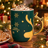 Szarvasos karácsonyi porcelán bögre arany színű füllel - 400 ml - zöld