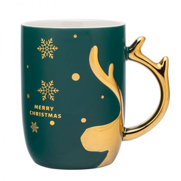 Szarvasos karácsonyi porcelán bögre arany színű füllel - 400 ml - zöld