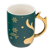 Szarvasos karácsonyi porcelán bögre arany színű füllel - 400 ml - zöld