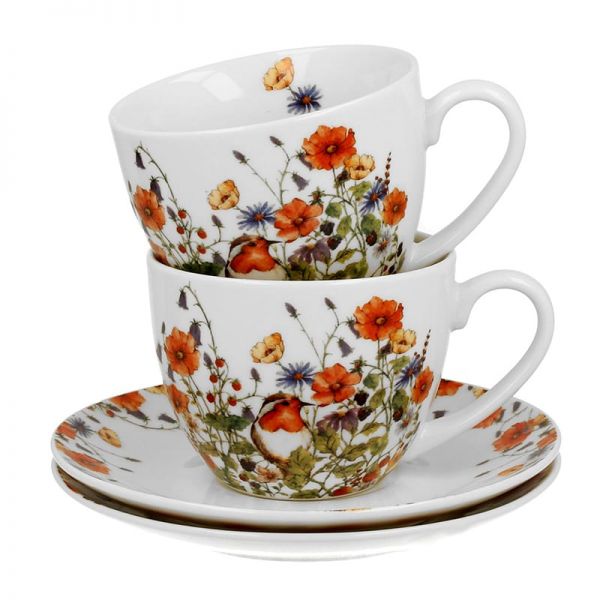 Mezei virág – pipacsos porcelán csésze aljjal – 270 ml – 2 személyes készlet – Wild Bird
