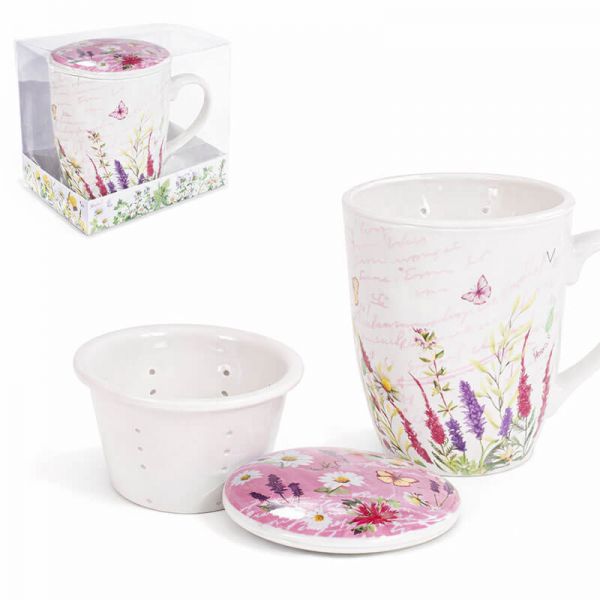 Mezei virágos bögre porcelán tetővel és szűrővel - 300 ml - rózsaszín
