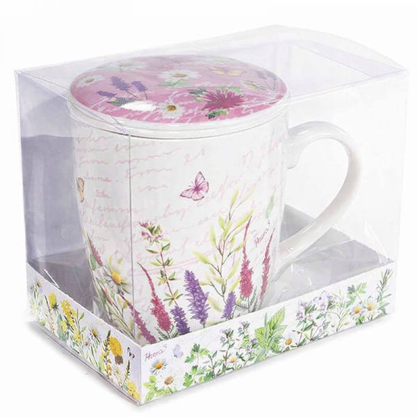 Mezei virágos bögre porcelán tetővel és szűrővel - 300 ml - rózsaszín