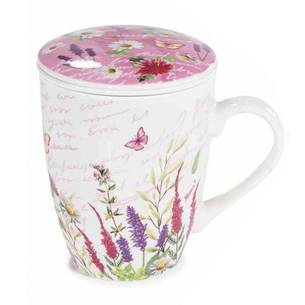 Mezei virágos bögre porcelán tetővel és szűrővel - 300 ml - rózsaszín