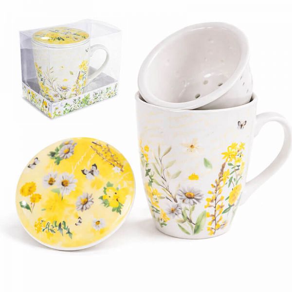 Mezei virágos porcelán bögre porcelán tetővel és szűrővel - 300 ml - sárga