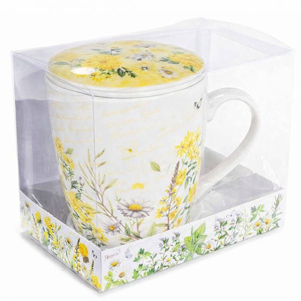 Mezei virágos porcelán bögre porcelán tetővel és szűrővel - 300 ml - sárga