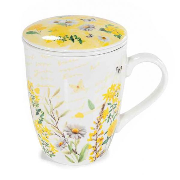 Mezei virágos porcelán bögre porcelán tetővel és szűrővel - 300 ml - sárga
