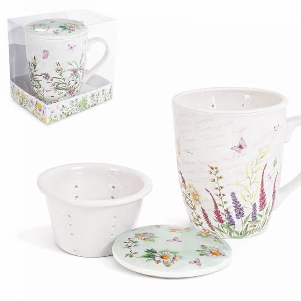 Mezei virágos bögre porcelán tetővel és szűrővel - 300 ml - zöld